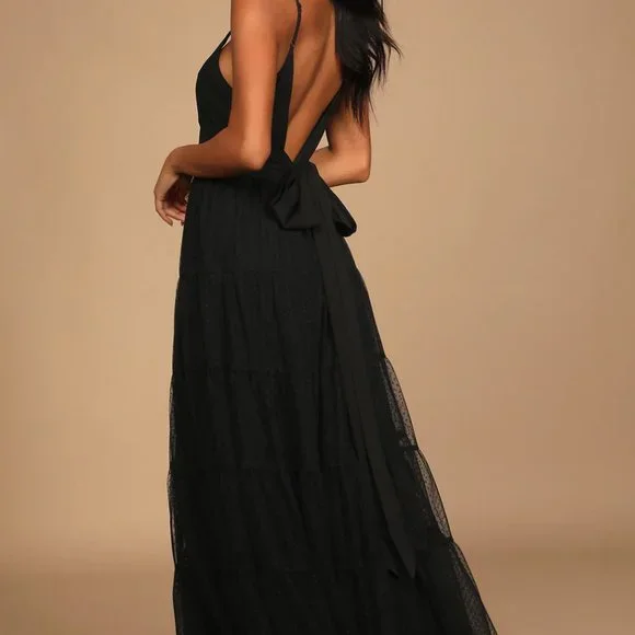 Made to be Magical Black Dotted Tie-Back Tiered Midi Dress - Picture 2 of 5